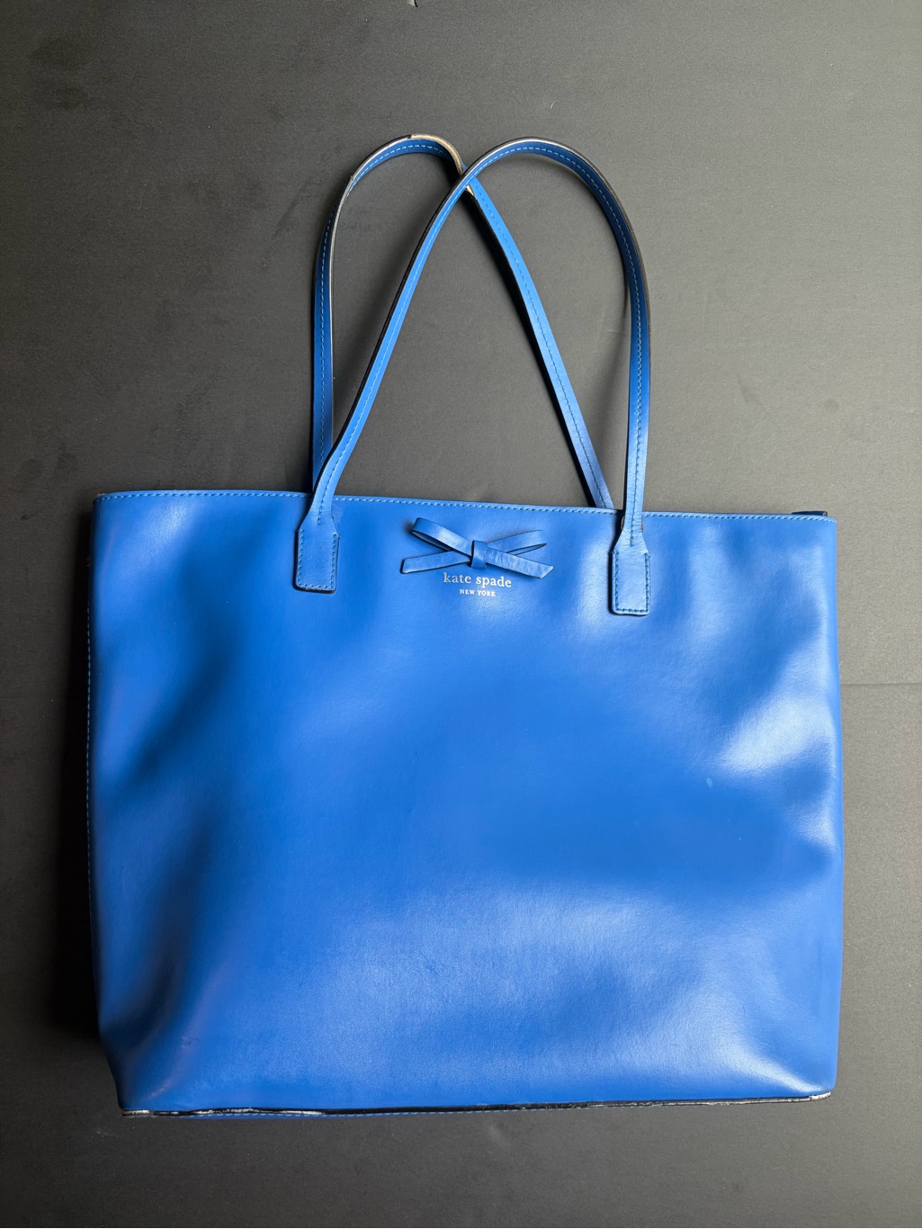 Kate Spade New York Cobalt Blue Smooth Leather Bow Tote Shoulder Bag Gold Logo